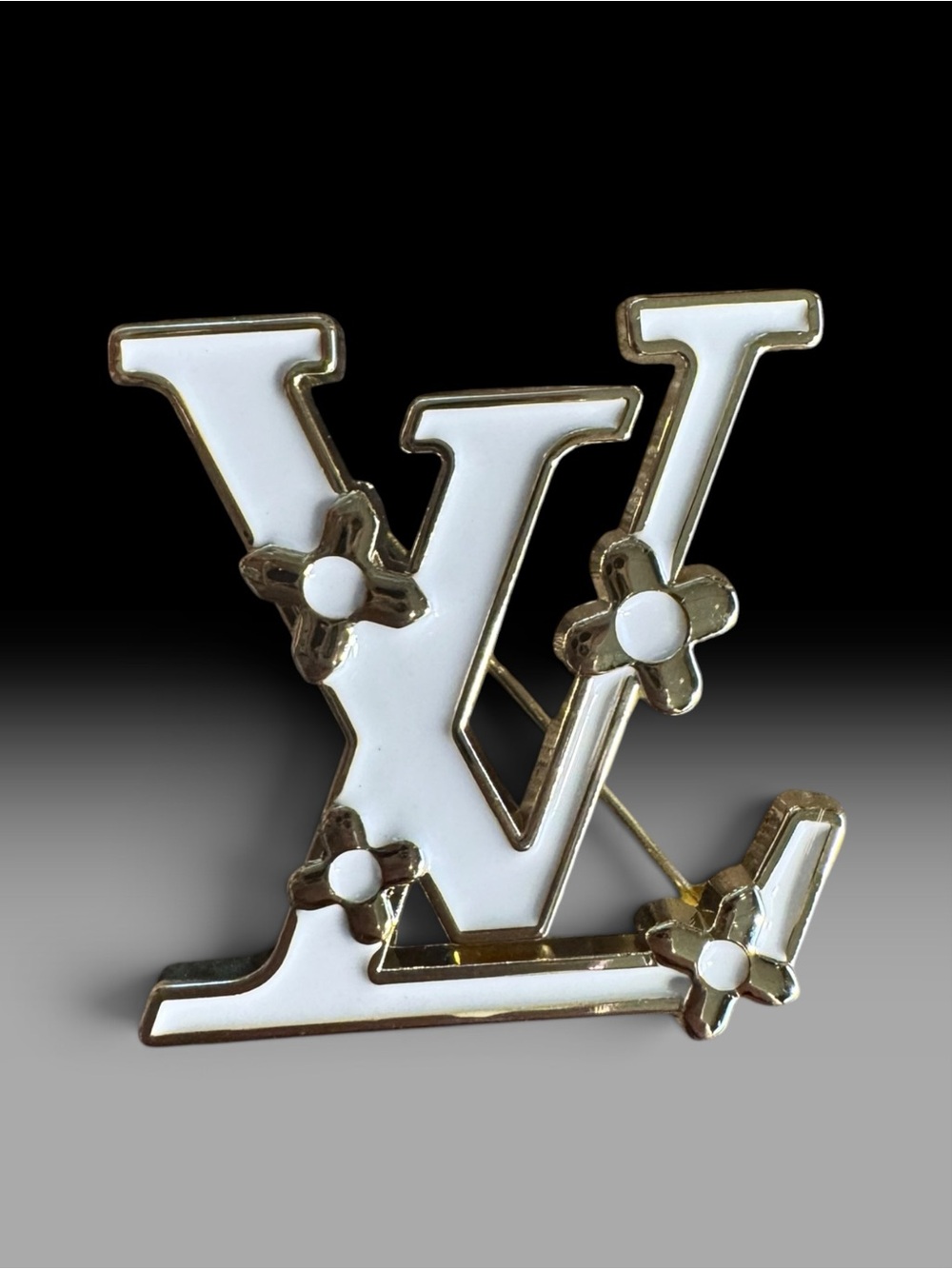White Enamel LLogo Brooch with Gold Accents